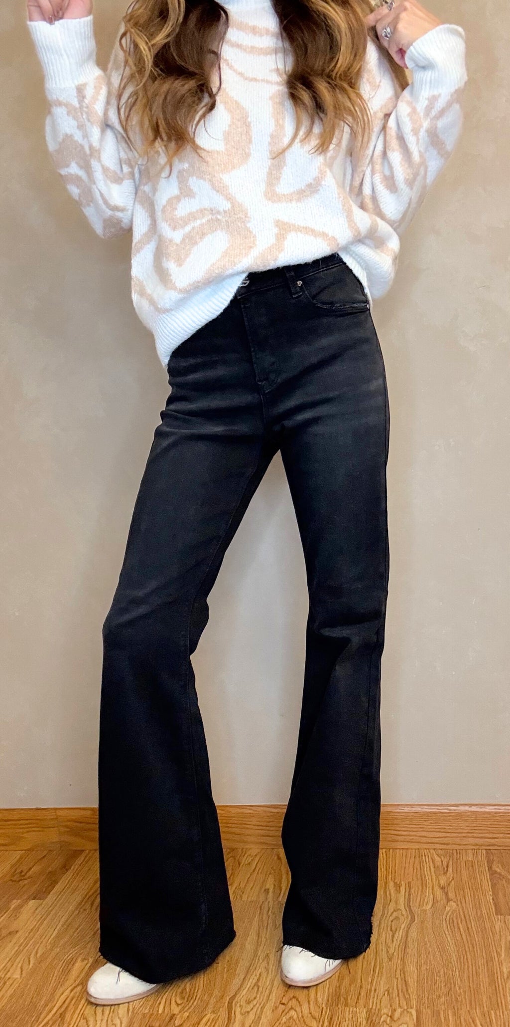 RISEN High Rise Flare Raw Cut Hem Jeans