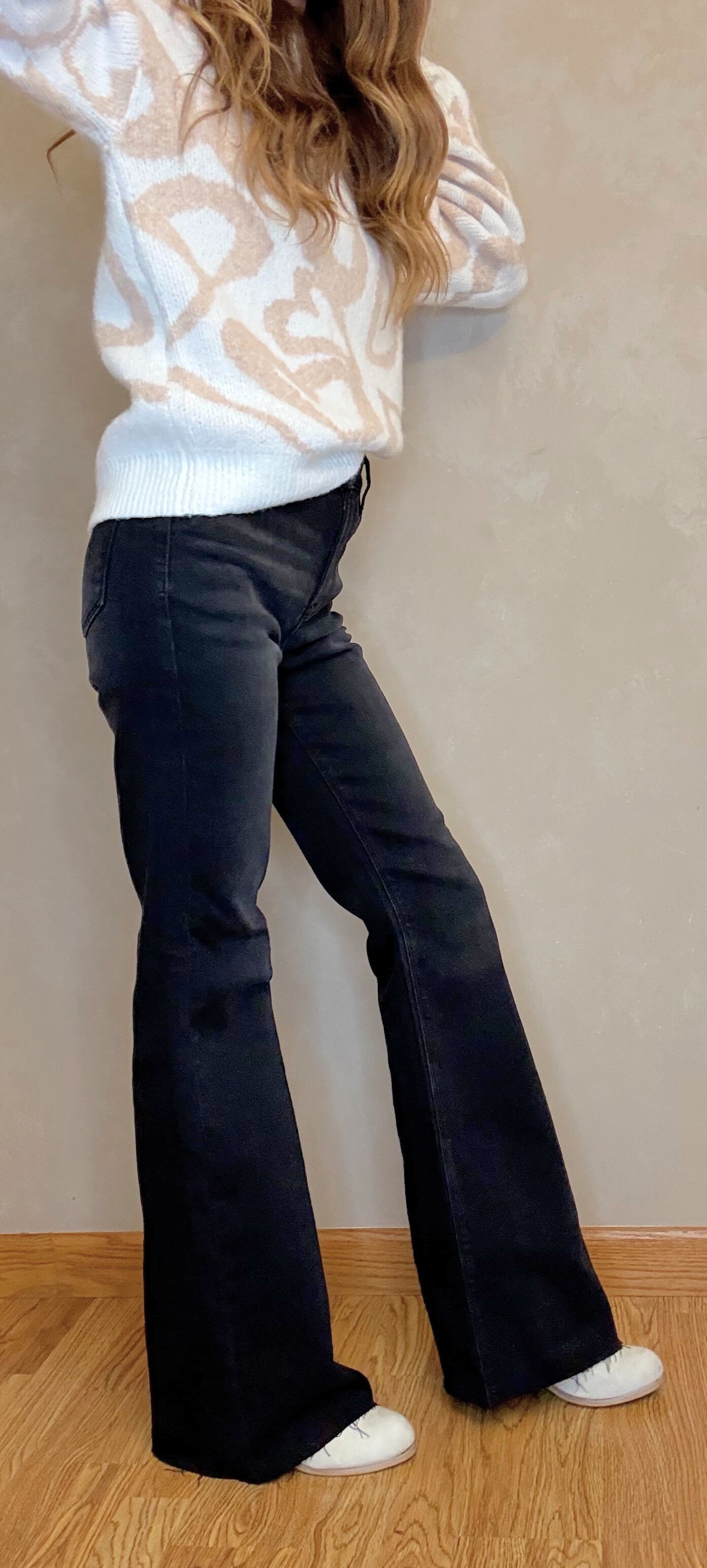 RISEN High Rise Flare Raw Cut Hem Jeans