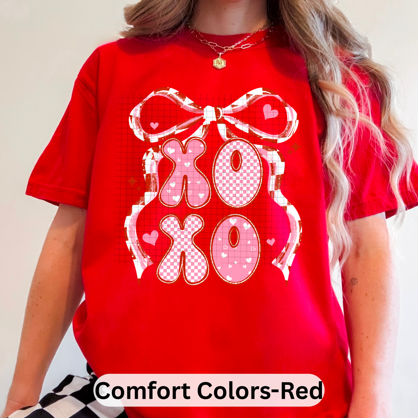 Pink Checkered Bow XOXO